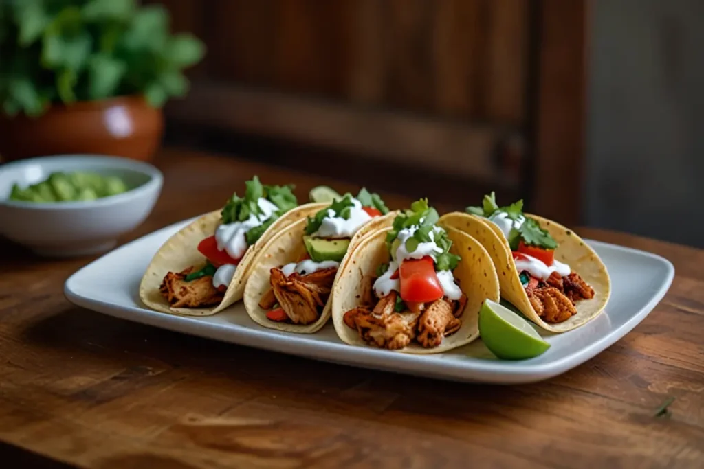 Freshly assembled chicken tacos with shredded lettuce, pico de gallo, and avocado on warm tortillas."