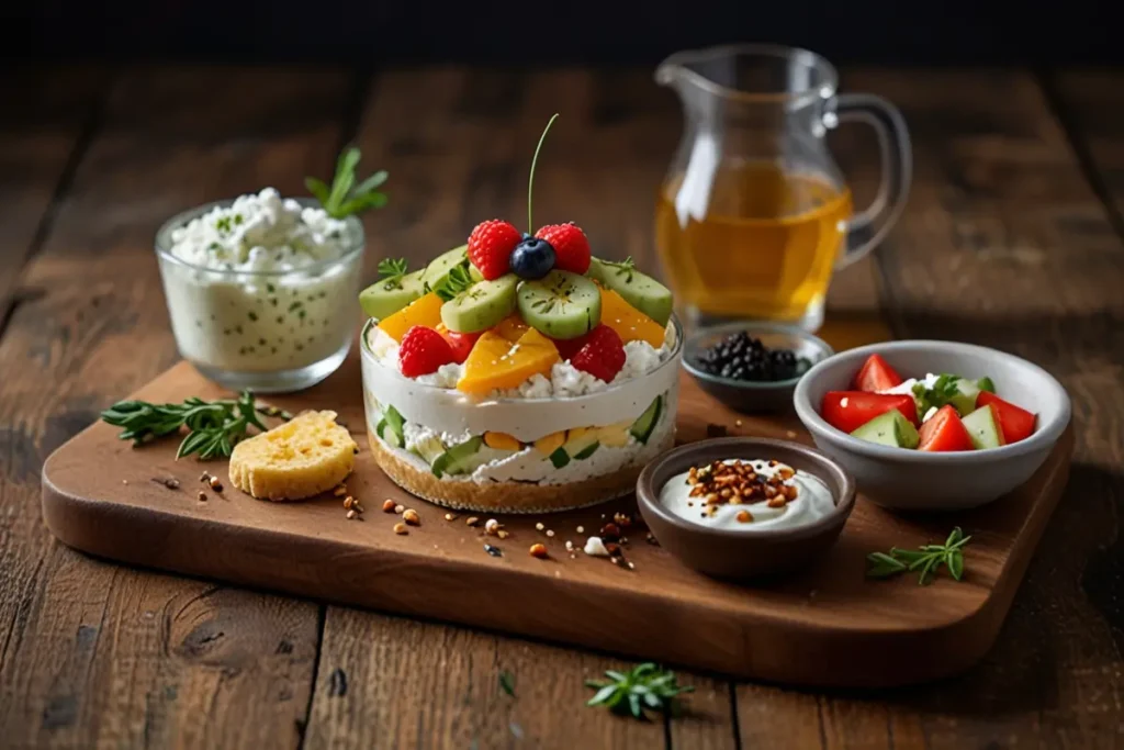 Fluffy cottage cheese pancakes topped with fresh berries and a drizzle of honey