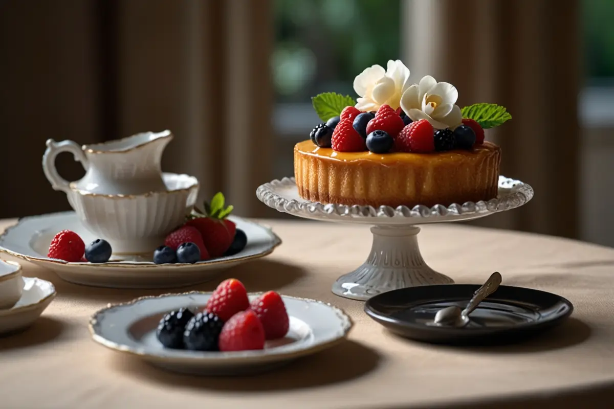 An elegant dessert spread featuring a rich chocolate cake slice