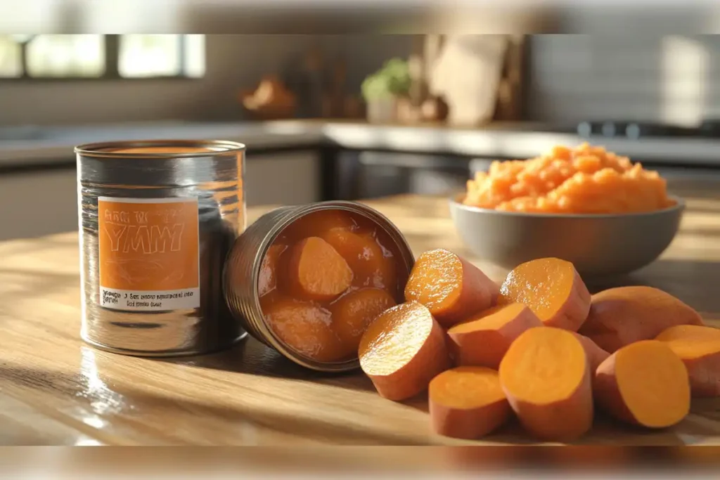 Open can of sweet potatoes spilling onto a kitchen counter next to freshly chopped sweet potatoes, with a knife and cooking pot in the background, showcasing preparation of canned yams or sweet potatoes for a recipe.