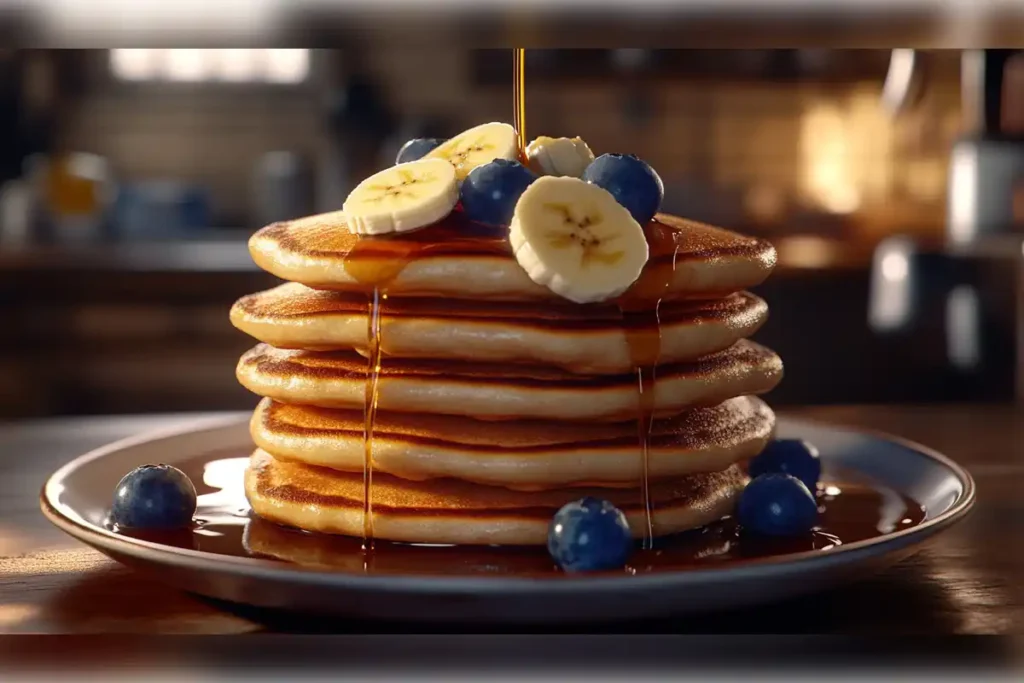 Stack of fluffy pancakes topped with banana slices, blueberries, and syrup, served on a plate, perfect for a breakfast setting.