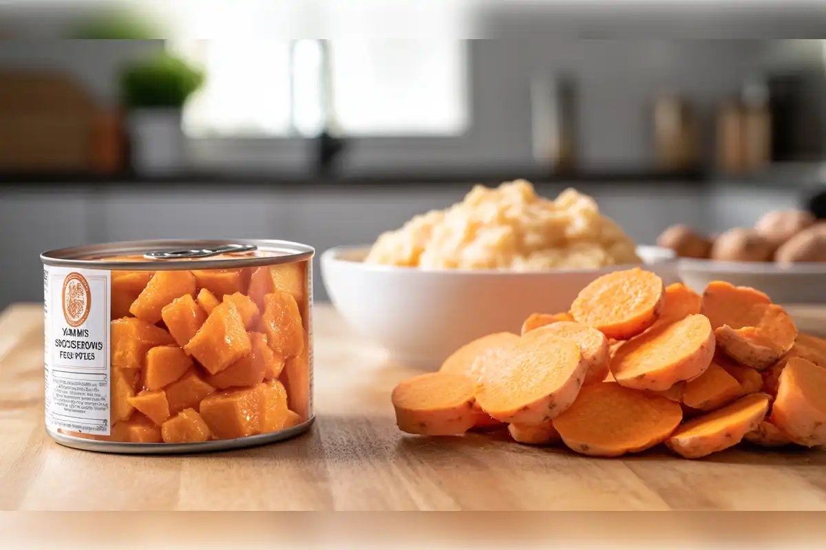 Can of yams next to fresh sweet potatoes on a kitchen counter, showcasing the difference between canned yams and fresh sweet potatoes, highlighting texture and appearance.