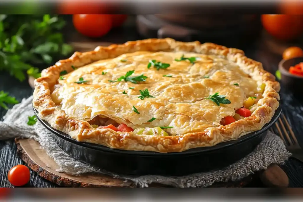 Golden, flaky beef pot pie topped with fresh parsley, featuring tender beef, vegetables, and a rich gravy inside a perfectly baked crust – a comforting homemade dish.