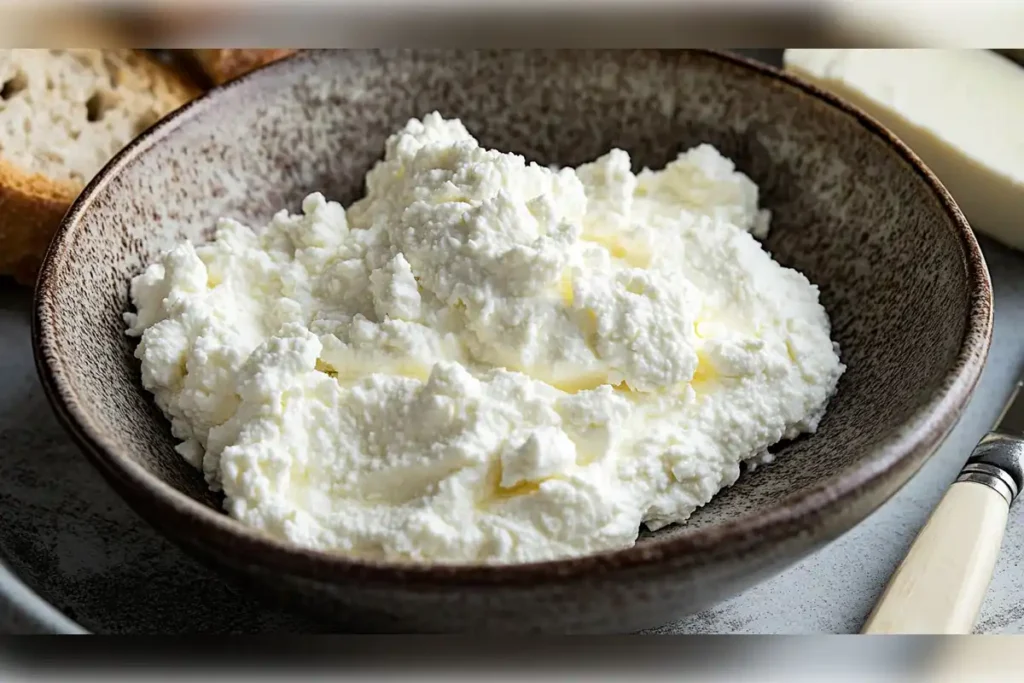 Close-up of a bowl of fresh ricotta cheese, showcasing its light and fluffy texture, perfect for use in various recipes like lasagna and stuffed pasta. A substitute option for fresh mozzarella in certain dishes.