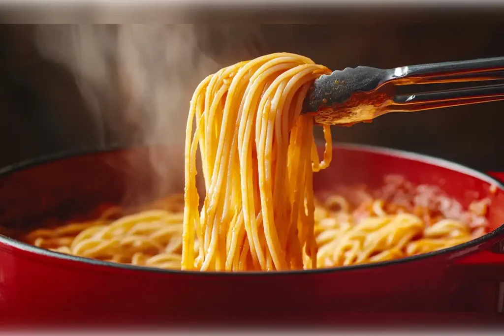 Cooking dry spaghetti in sauce with tongs lifting the pasta from a simmering red pot