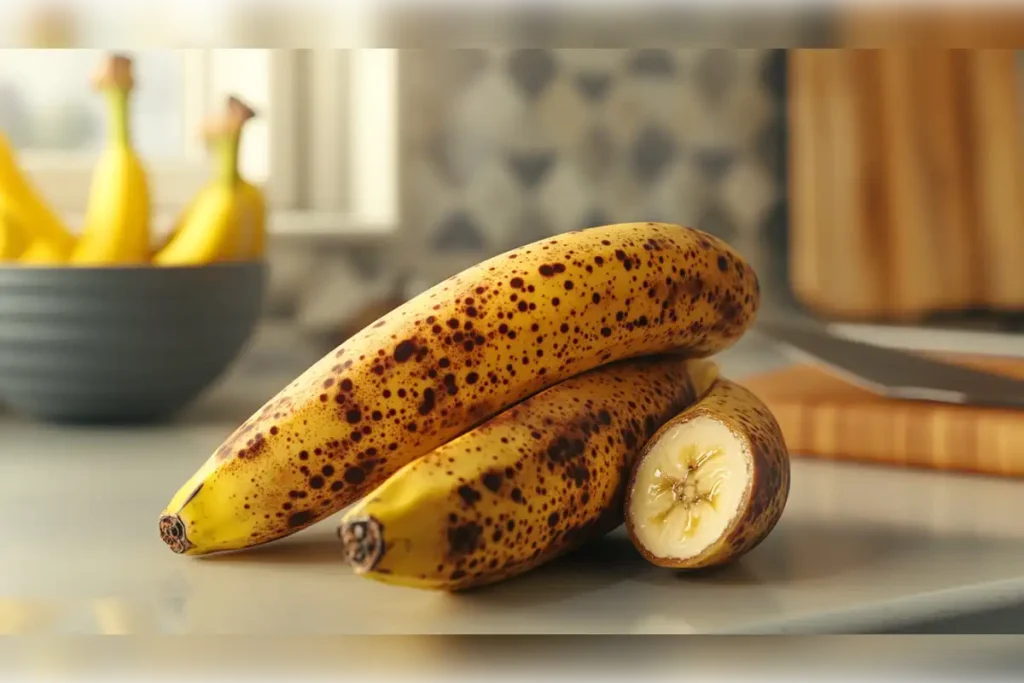 Close-up of ripe brown bananas on a kitchen countertop, showcasing spots and ripened texture, perfect for smoothies, baking, or freezing for later use.