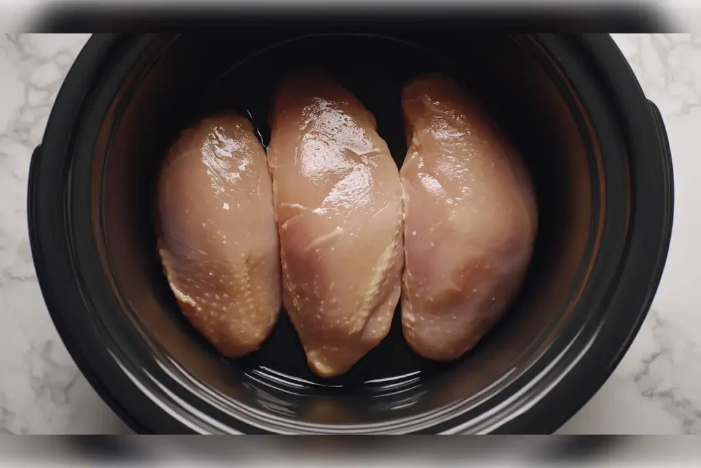 Three raw chicken breasts placed in a slow cooker, ready to be cooked for a simple and delicious slow cooker chicken recipe.