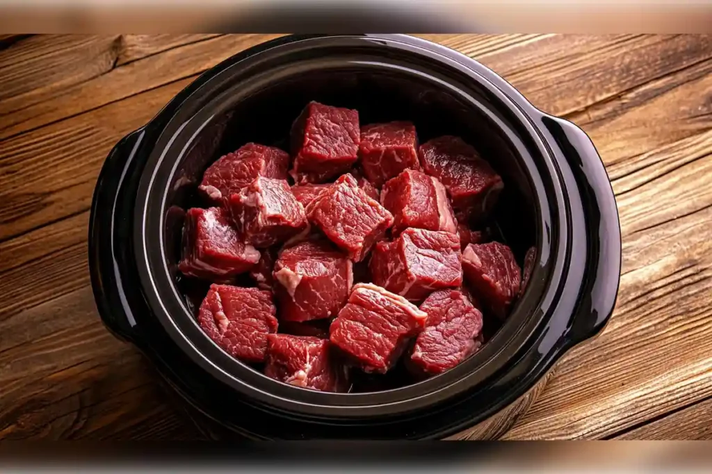 Raw chunks of meat placed inside a slow cooker, ready for cooking, illustrating the question: Can you put raw meat straight into a slow cooker?