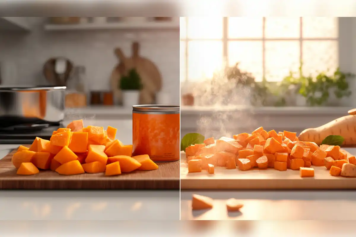 Side-by-side comparison of canned yams and fresh sweet potatoes on a kitchen counter, showcasing their differences in texture and preparation for recipe substitutions.