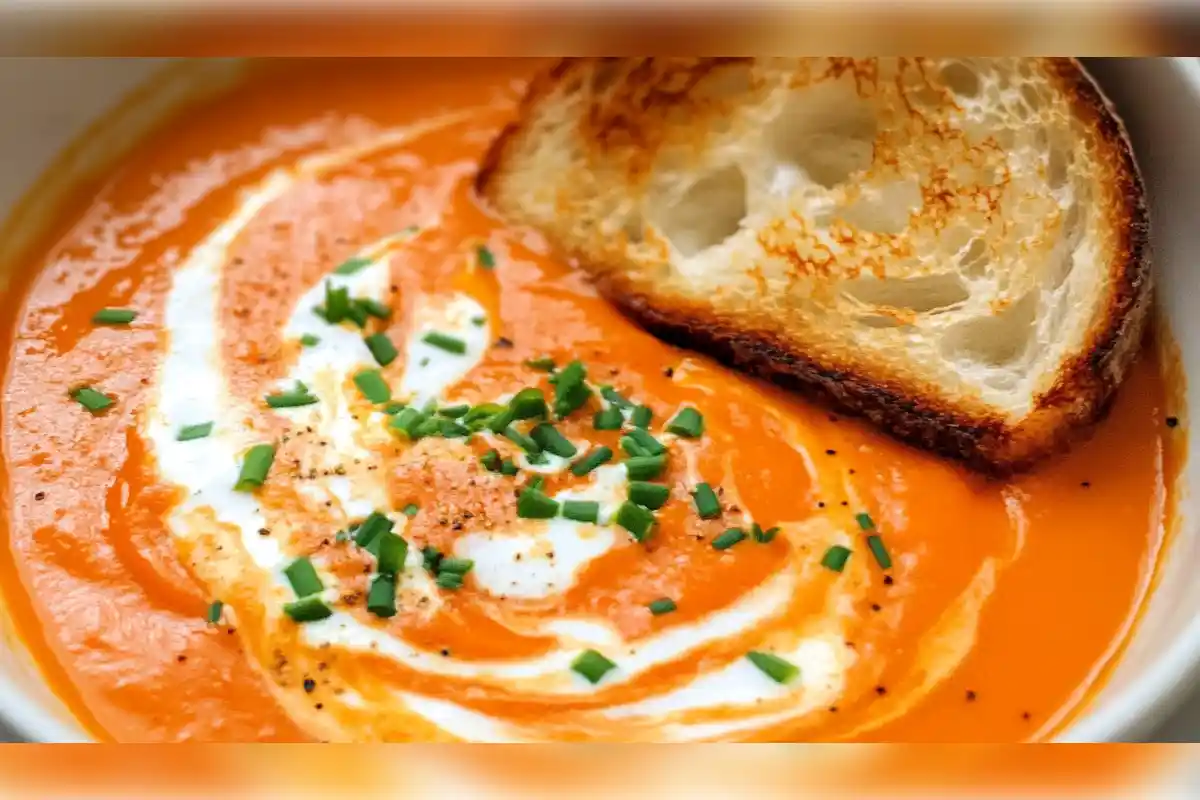 Creamy Campbell's Tomato Bisque served with a swirl of cream, garnished with fresh chives, and a slice of toasted bread