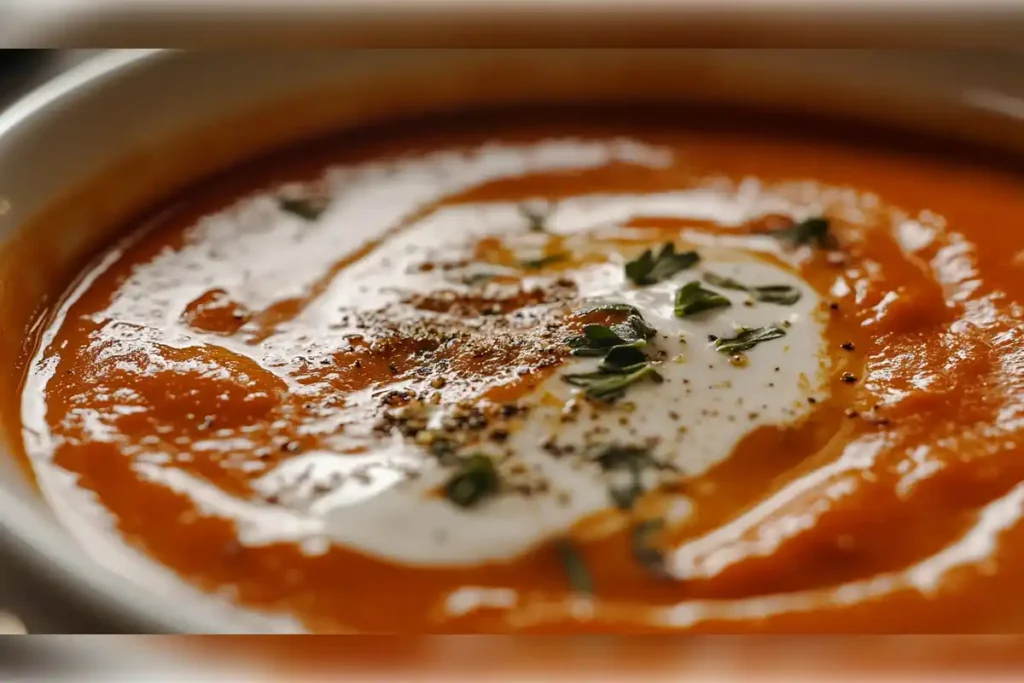 Close-up of creamy tomato bisque garnished with fresh herbs and a swirl of cream, showcasing the rich texture and flavor of this popular soup, often used as a substitute for tomato sauce in various recipes.