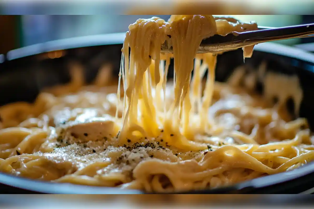 Cheesy chicken spaghetti being served from a crockpot, with melted cheese strings and creamy sauce covering the spaghetti, highlighting the rich and delicious texture of the dish.