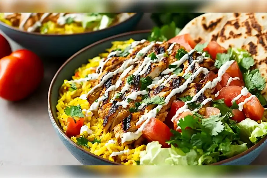 A bowl of grilled chicken over yellow rice, topped with white sauce, fresh cilantro, and diced tomatoes, served with a side of lettuce and pita bread.