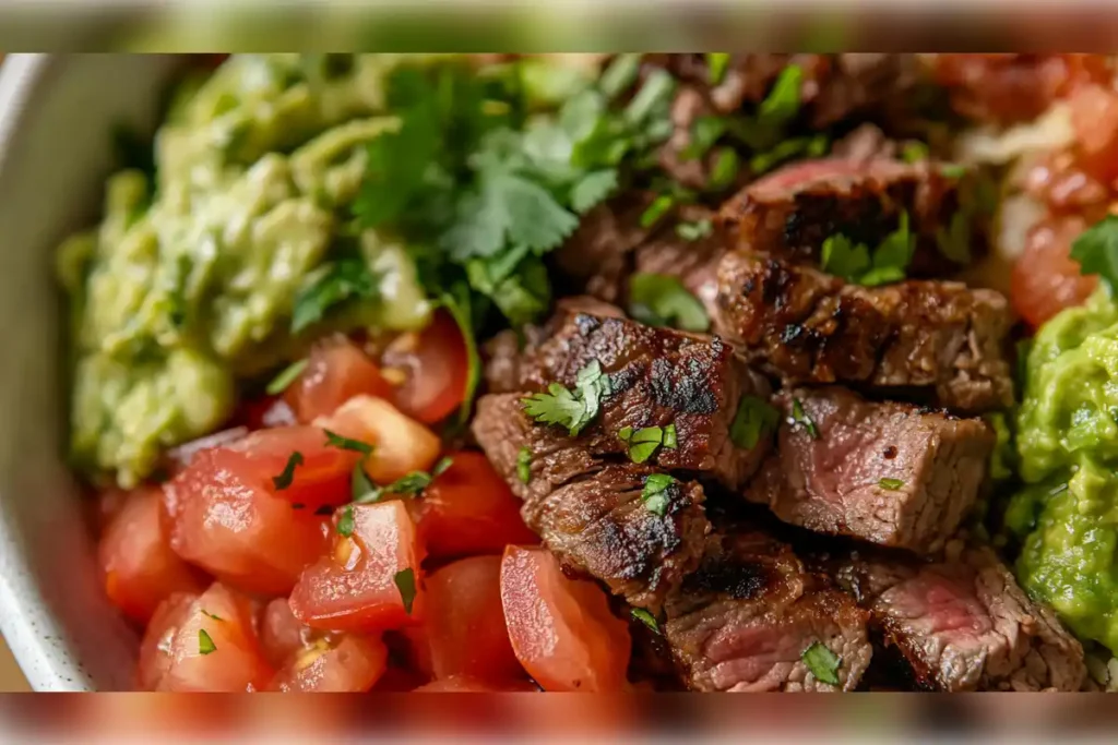 Delicious homemade Chipotle steak served with fresh tomatoes, guacamole, and cilantro in a bowl, perfect for tacos or burrito bowls.