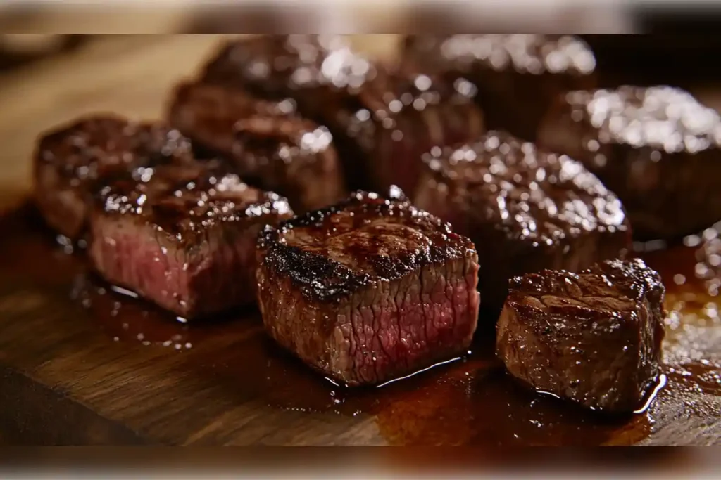 Juicy, perfectly grilled steak cubes resting on a cutting board, showcasing an ideal cut for recreating the Chipotle steak recipe.