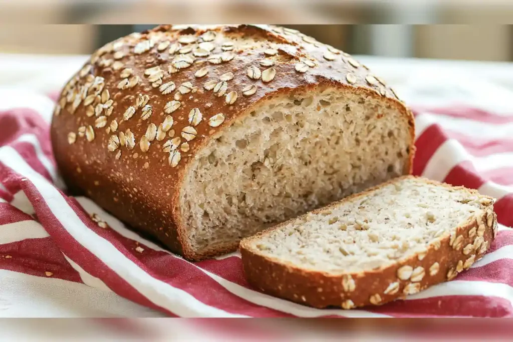 A freshly baked loaf of cottage cheese bread topped with oats, sliced to reveal a soft and moist texture, resting on a red and white striped cloth.