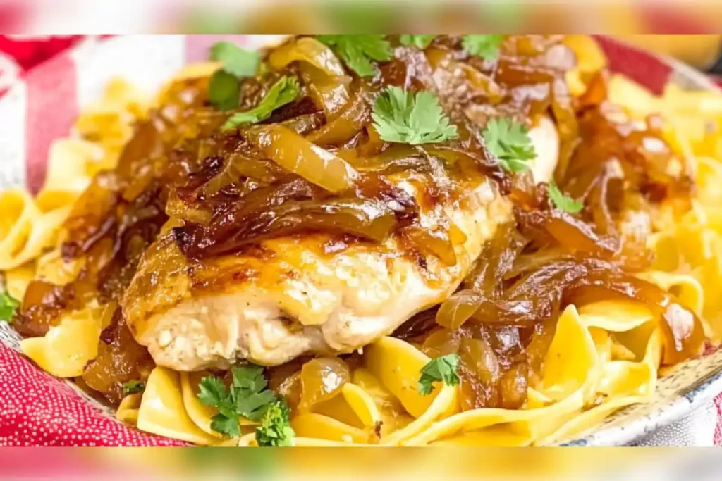 Delicious crockpot French onion chicken served over egg noodles, topped with caramelized onions and garnished with fresh parsley.