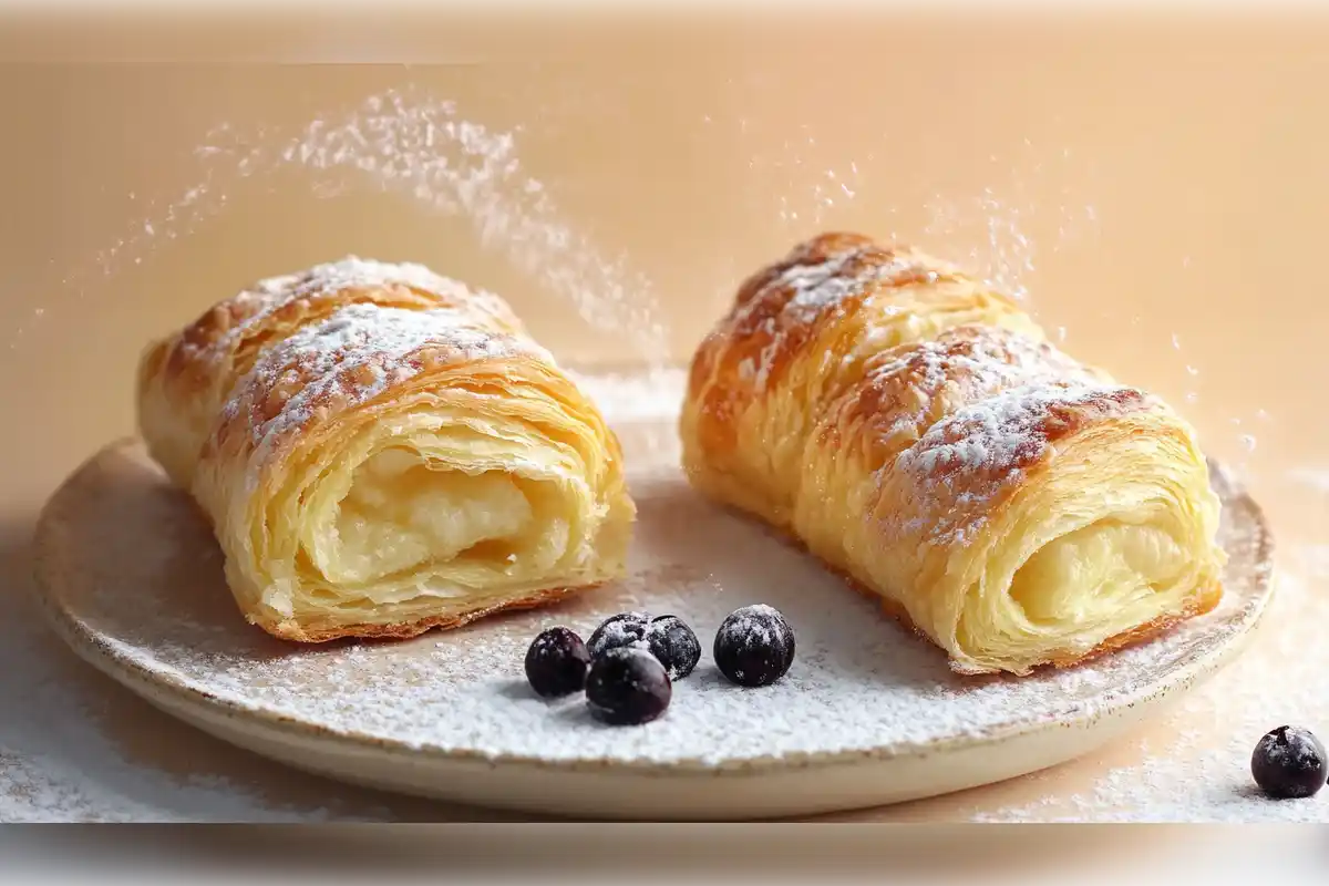 Freshly baked puff pastry rolls filled with cream, dusted with powdered sugar, and garnished with blueberries, highlighting the golden, flaky layers of the pastry.