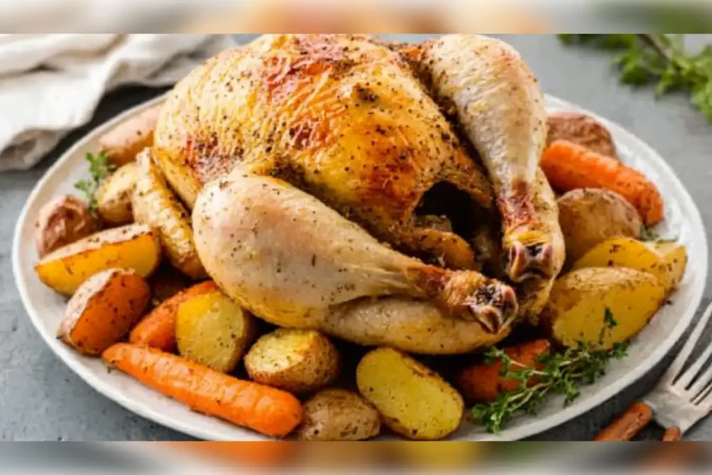 Whole roasted chicken served with carrots and potatoes on a white plate, perfect for a slow cooker