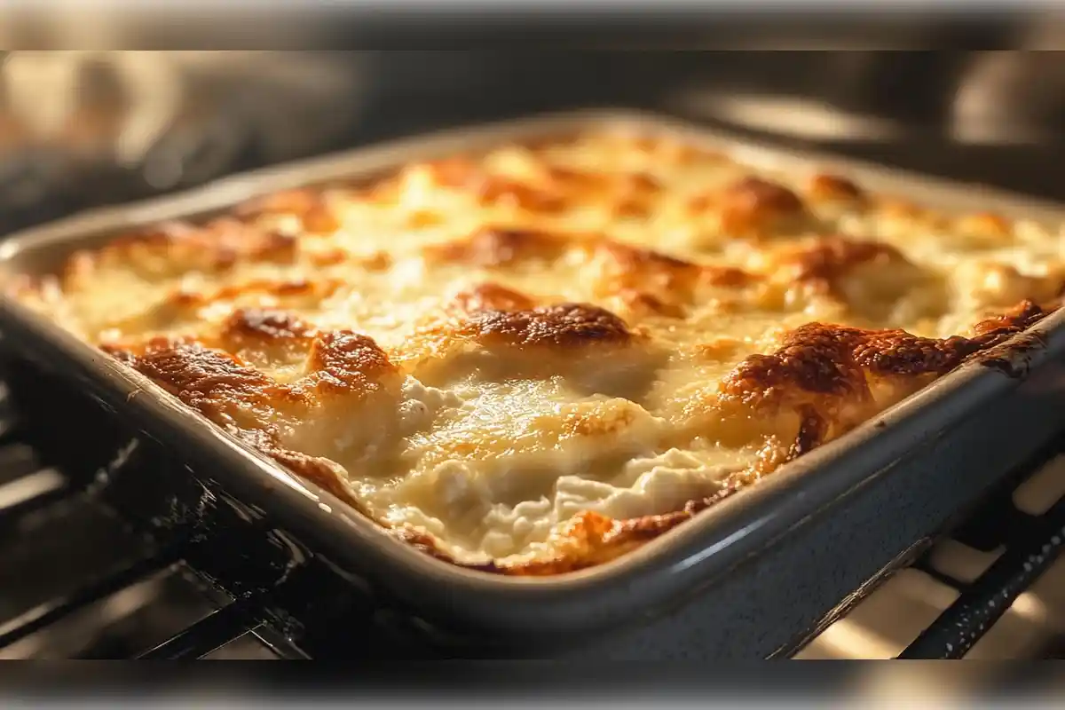 Baked casserole with golden-brown cheese top in the oven, showcasing cottage cheese used in cooking.