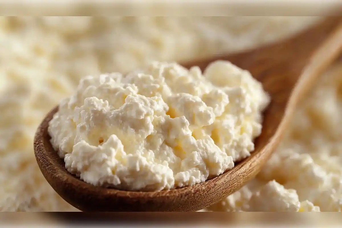 Close-up of fresh cottage cheese on a wooden spoon, showcasing its soft and curdy texture.