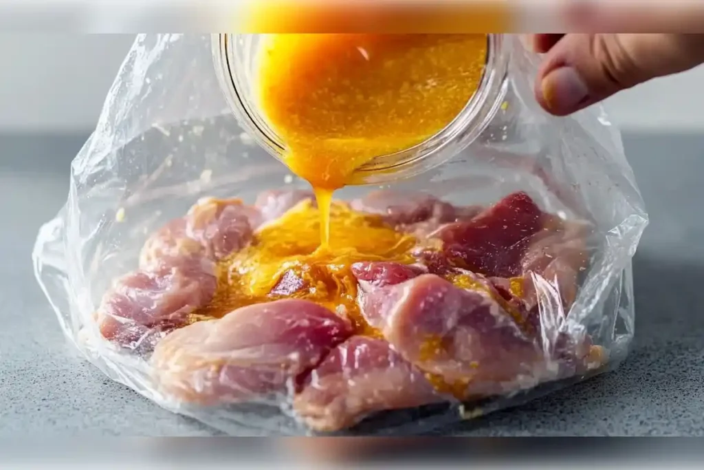 Marinating raw chicken with fresh pineapple juice to tenderize the meat, highlighting the enzyme bromelain in action for a juicy and flavorful dish.