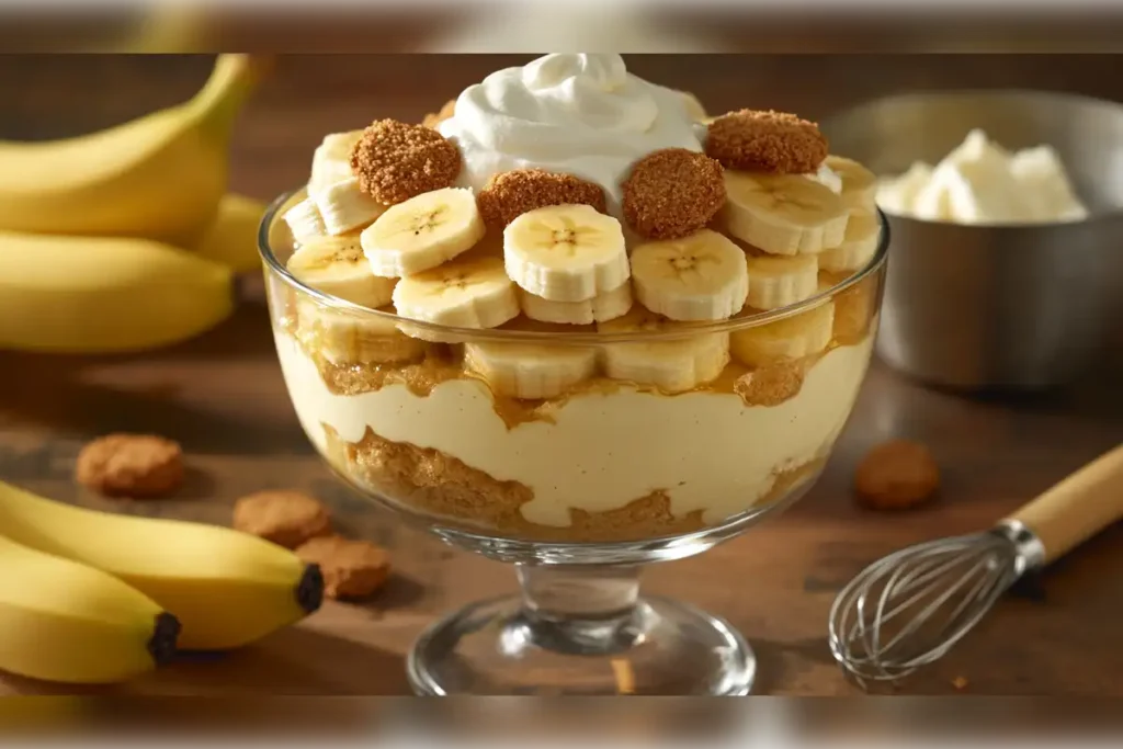 Layered easy banana pudding in a glass bowl topped with fresh banana slices, whipped cream, and cookies, surrounded by ripe bananas and dessert tools on a wooden table.