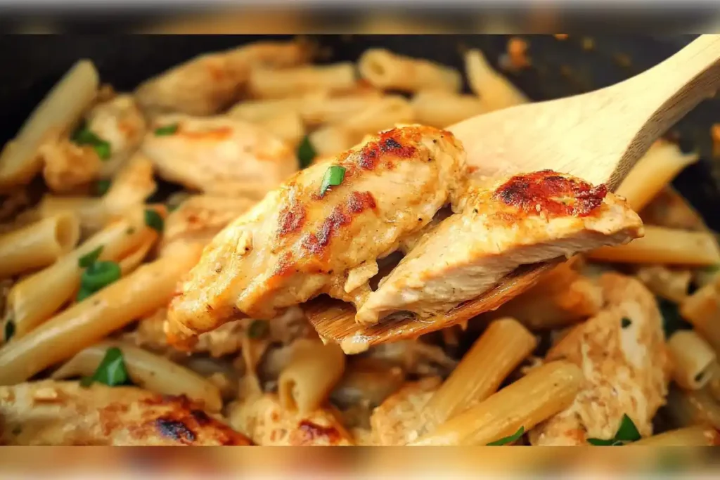 Close-up of creamy garlic parmesan chicken pasta with tender, grilled chicken breasts and penne pasta, garnished with fresh parsley, served in a skillet.