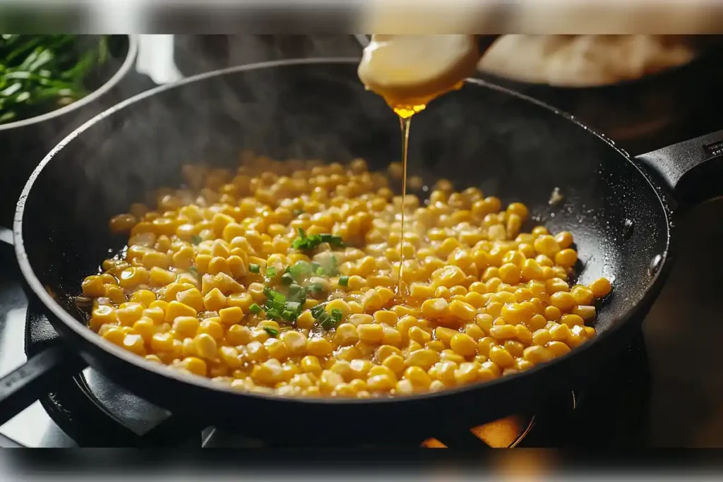 Honey butter skillet corn cooking in a pan, with honey being drizzled over golden corn kernels, creating a sweet and savory side dish