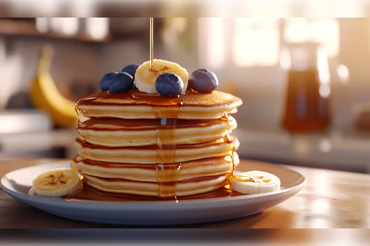 Fluffy hotcakes stacked with syrup, blueberries, and banana slices on a plate - hotcake mix recipe for a delicious breakfast