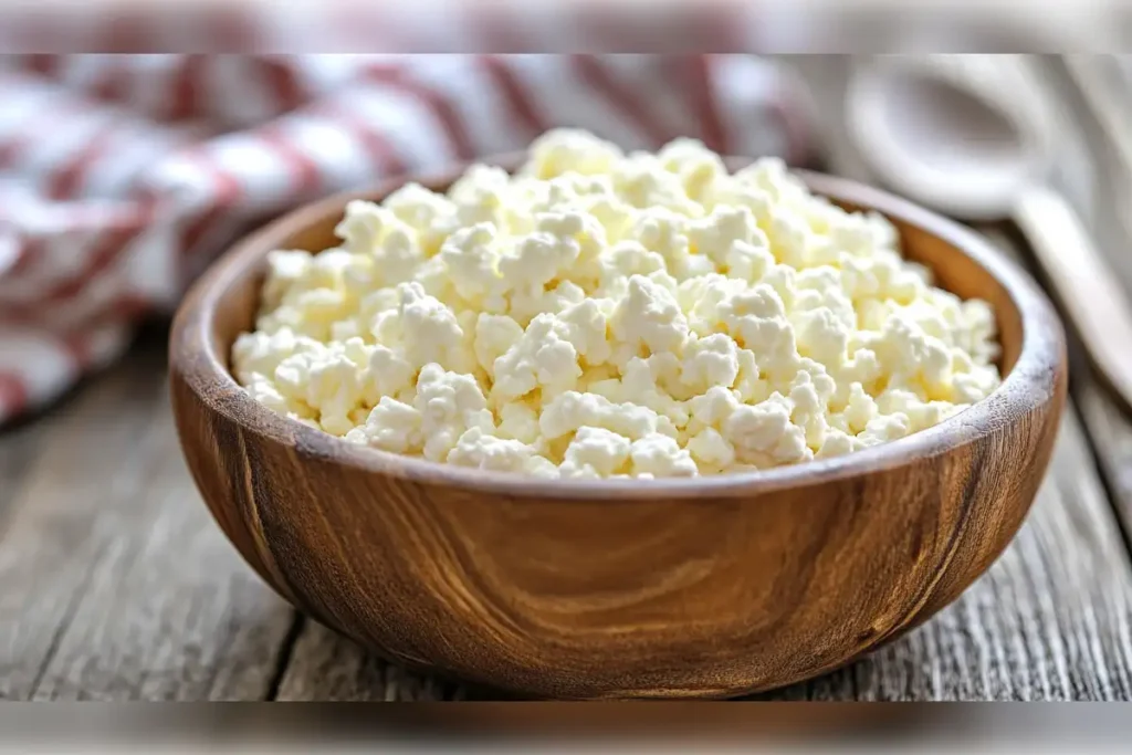 Fresh cottage cheese in a wooden bowl on a rustic wooden table, highlighting its creamy texture, ideal for defrosting tips and recipes.