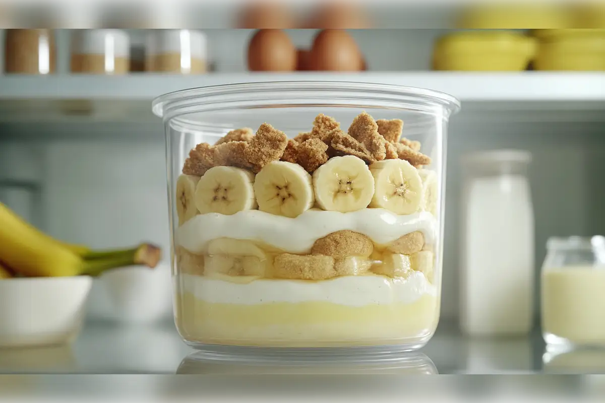 Layered banana pudding with fresh banana slices, creamy pudding, and crumbled vanilla wafers stored in an airtight container inside a fridge, highlighting proper storage for extended freshness.