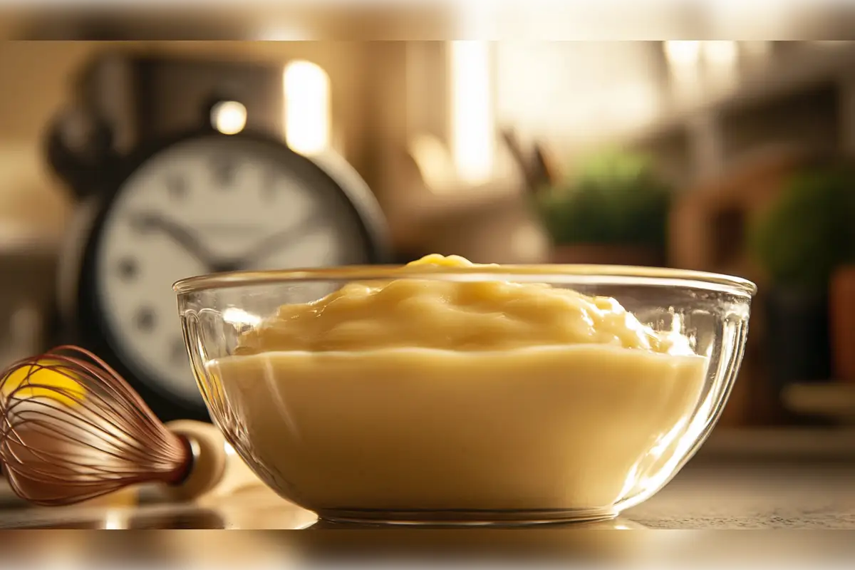 Bowl of pudding setting with a whisk and a clock in the background, symbolizing the time needed for pudding to set properly.