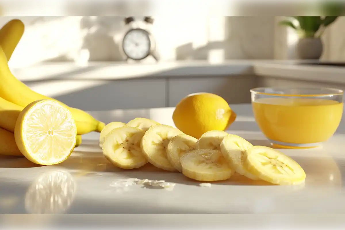 Freshly sliced bananas next to a lemon and a bowl of lemon juice, demonstrating a natural method to prevent bananas from turning brown using lemon juice.