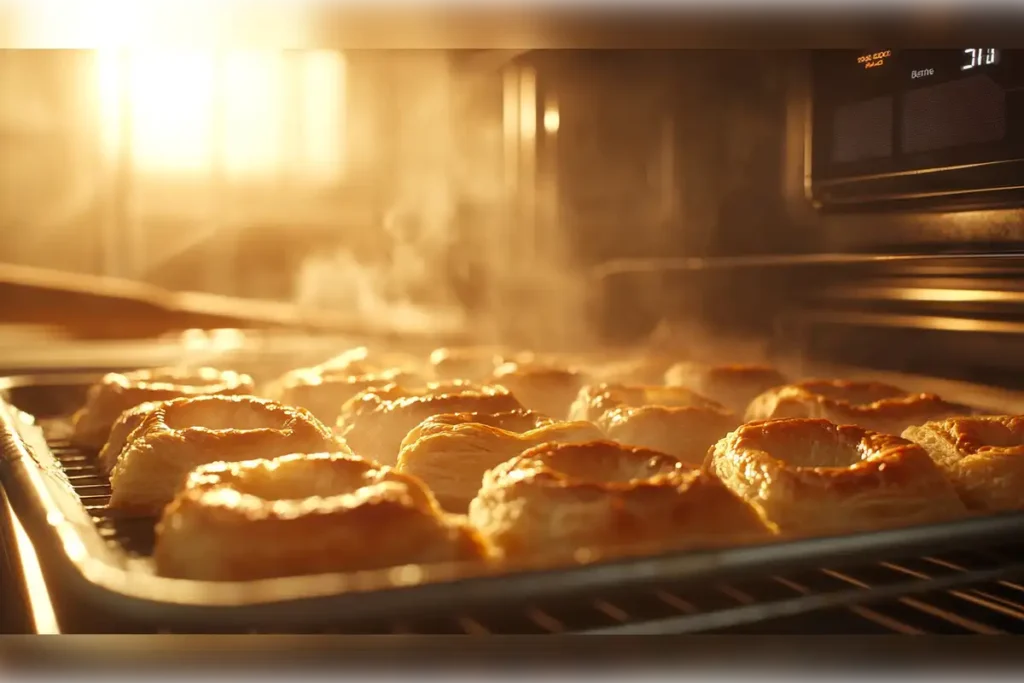 Golden-brown puff pastry baking in the oven, showing flaky layers and even puffing for perfect texture