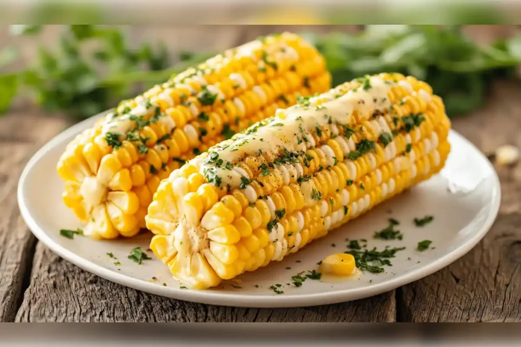 Perfectly buttered corn on the cob garnished with herbs, served on a white plate – ideal for serving a crowd at picnics or BBQs.