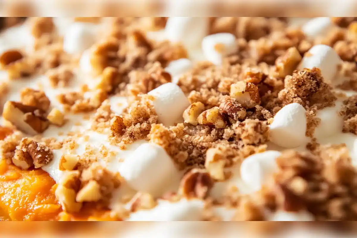 Close-up of sweet potato casserole topped with marshmallows, chopped nuts, and a crumble topping, showcasing the perfect texture and golden brown finish.