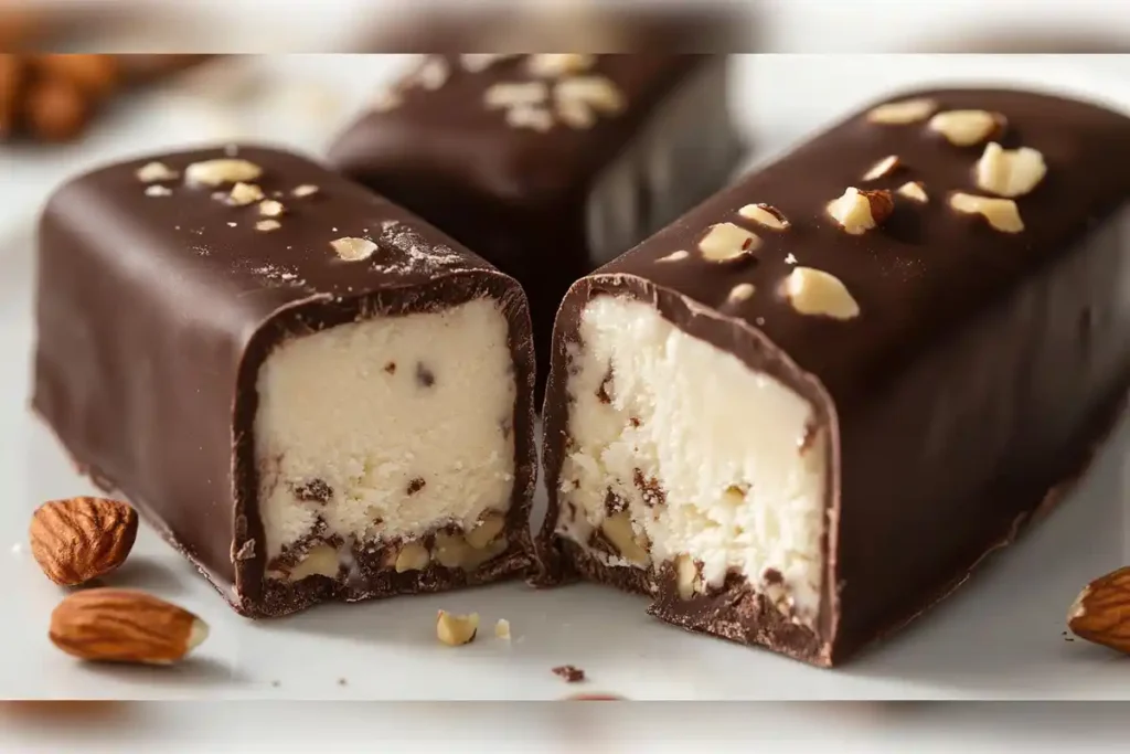 Homemade chocolate-covered popsicles filled with vanilla ice cream and sprinkled with crushed almonds, made without a mold.