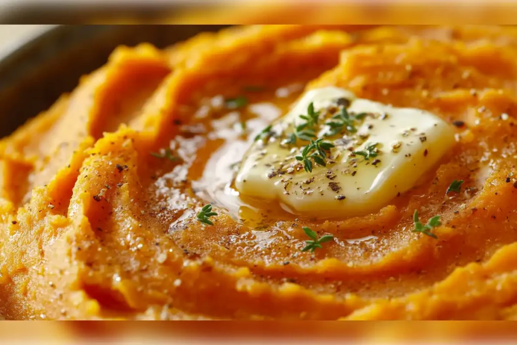 Close-up of creamy mashed sweet potatoes topped with melted butter, freshly ground black pepper, and garnished with thyme, showcasing a rich and smooth texture.