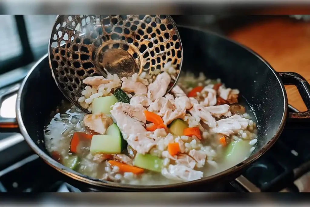 Cooking sizzling rice soup with chicken, zucchini, carrots, and vegetables in a pot, using a strainer to add ingredients. Homemade Chinese soup recipe.