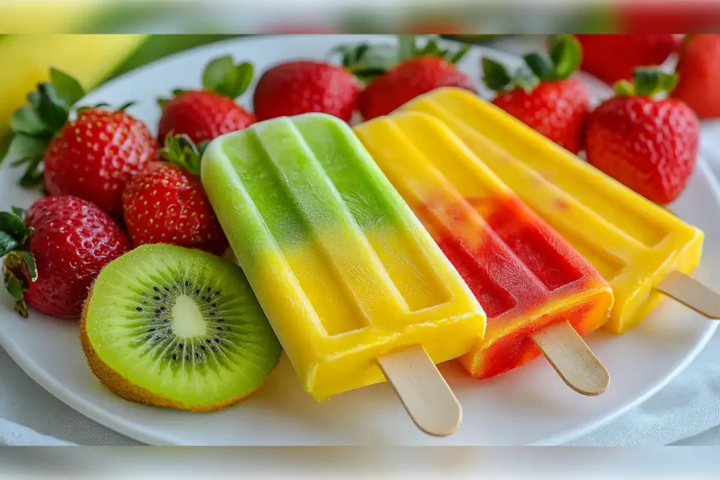 Colorful homemade fruit popsicles on a plate with fresh strawberries and kiwi slices, highlighting a delicious and refreshing summer treat.