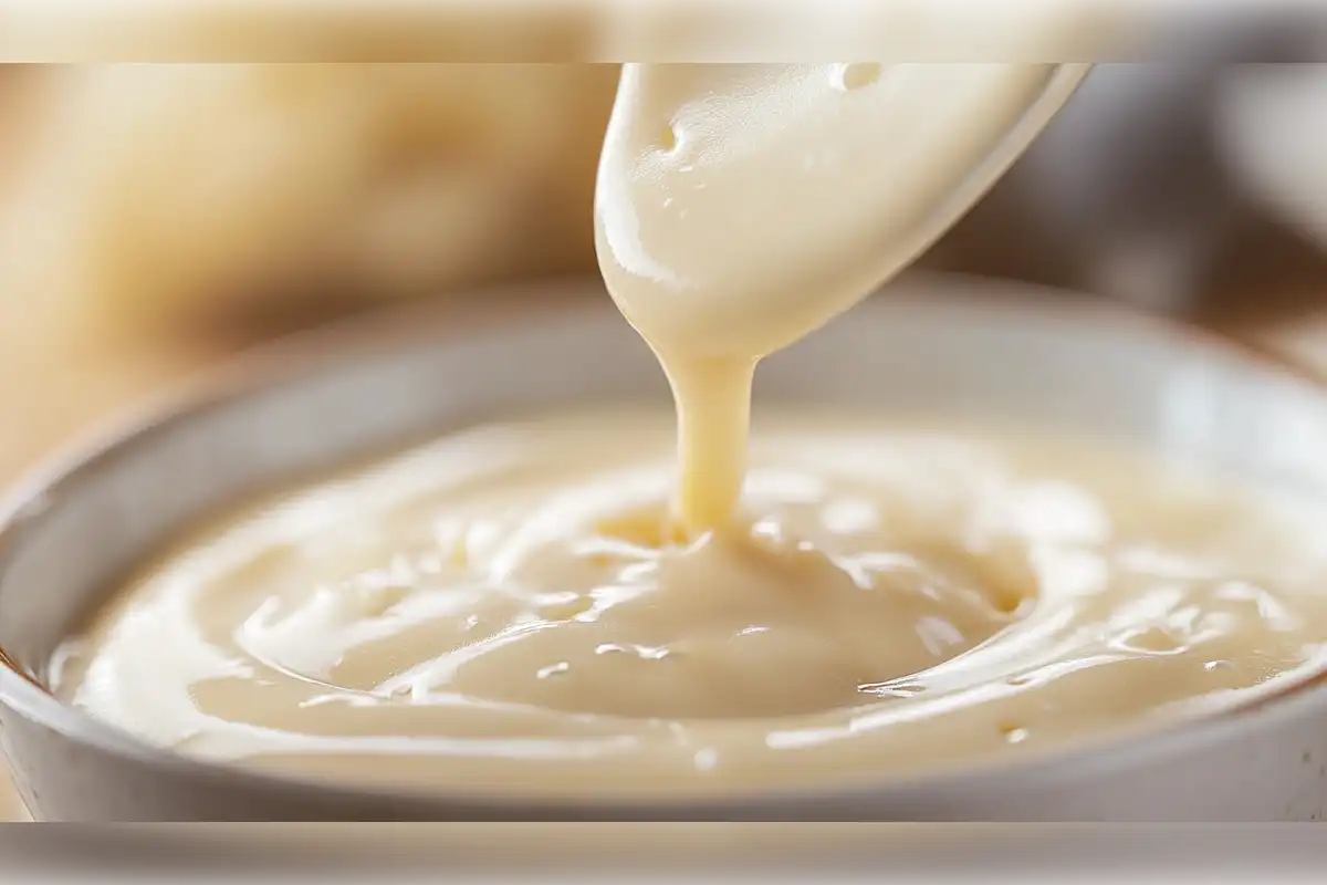 Thick, creamy Alfredo sauce in a bowl, showing the perfect texture achieved without using flour or cornstarch.