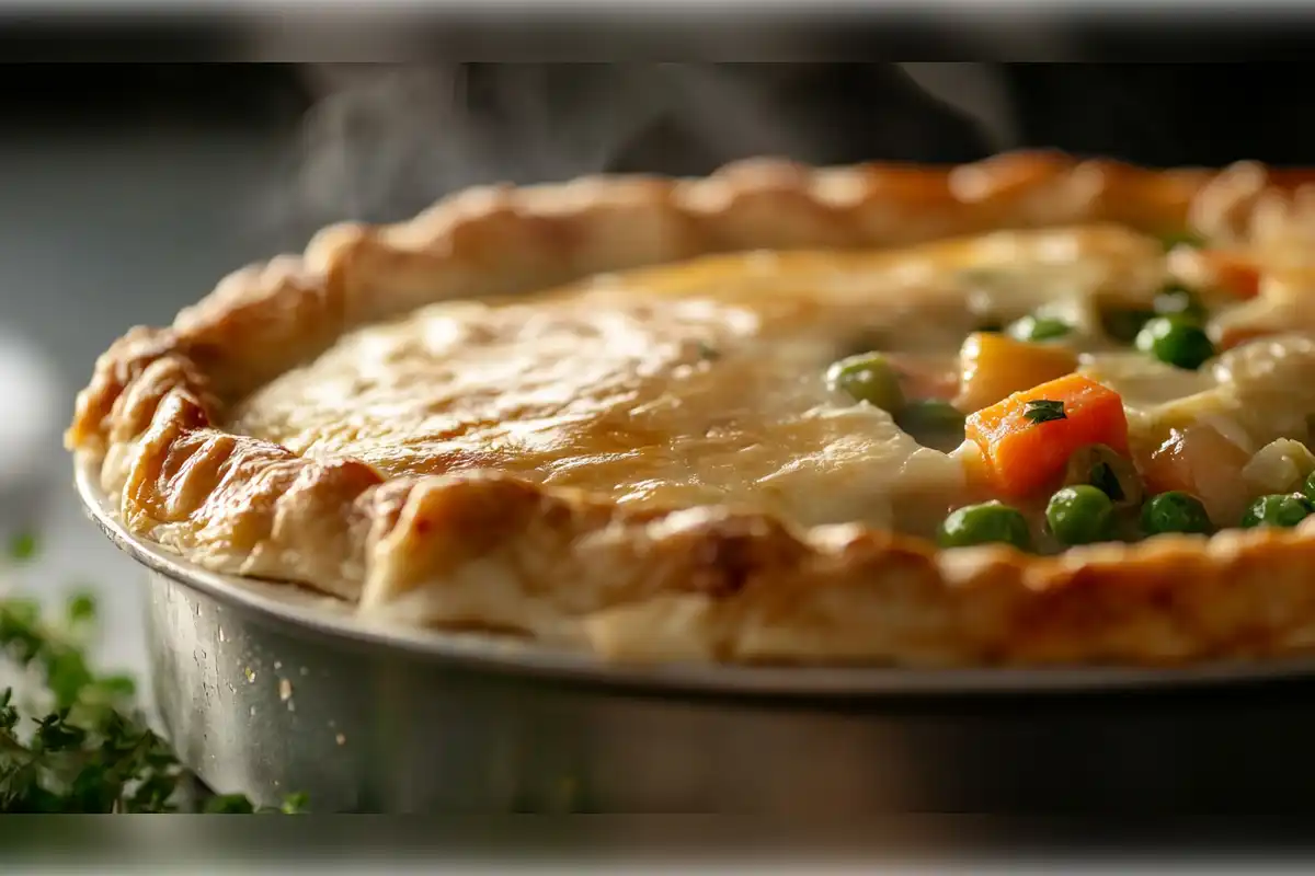 Steaming homemade pot pie with a golden flaky crust, filled with a rich, creamy filling of peas, carrots, and vegetables, showing the perfect thickened consistency.