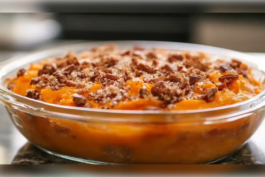 Close-up of a sweet potato casserole topped with crushed pecans in a glass dish, showcasing a thick and creamy texture with a golden-brown topping.