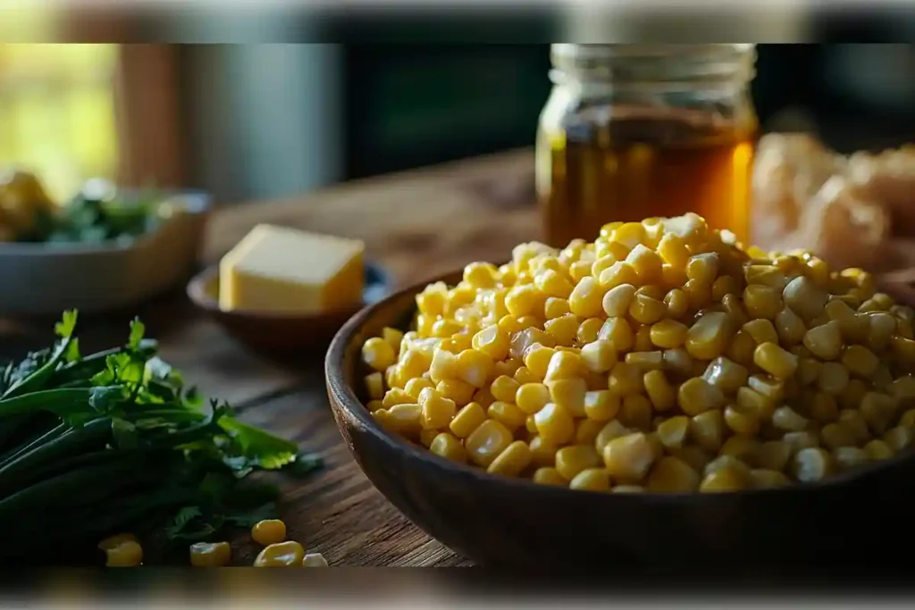 Ingredients for honey butter skillet corn, including a bowl of corn kernels, butter, honey in a jar, and fresh herbs, displayed on a wooden table.