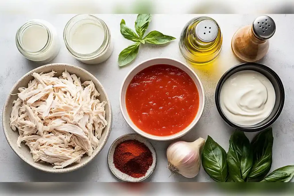  Ingredients for smoky chicken tomato bisque recipe, including shredded chicken, crushed tomatoes, heavy cream, smoked paprika, garlic, basil, and olive oil.