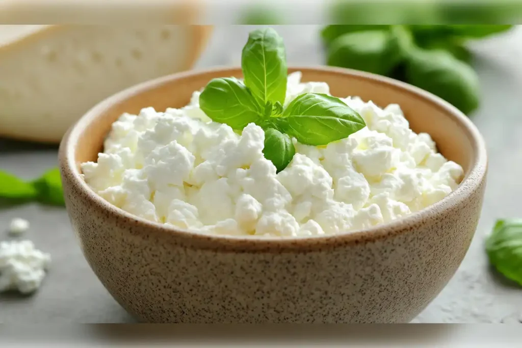 A bowl of fresh cottage cheese garnished with basil leaves, showcasing its creamy texture and freshness.