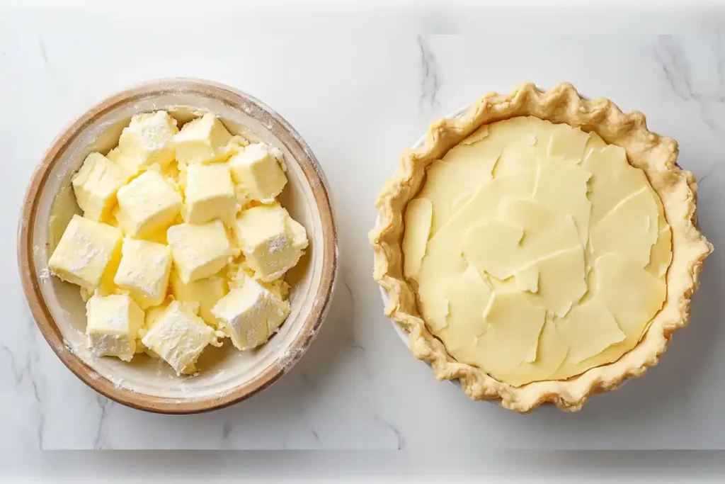 A bowl of cubed butter next to a pie crust made with butter, highlighting the comparison between using butter or shortening in pie crust for texture and flavor.