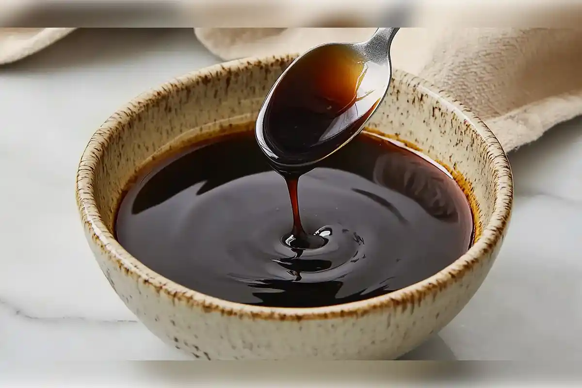 A bowl of thick, glossy teriyaki sauce being poured from a spoon, showcasing its rich color and smooth texture, perfect for marinating and glazing dishes like chicken and seafood."