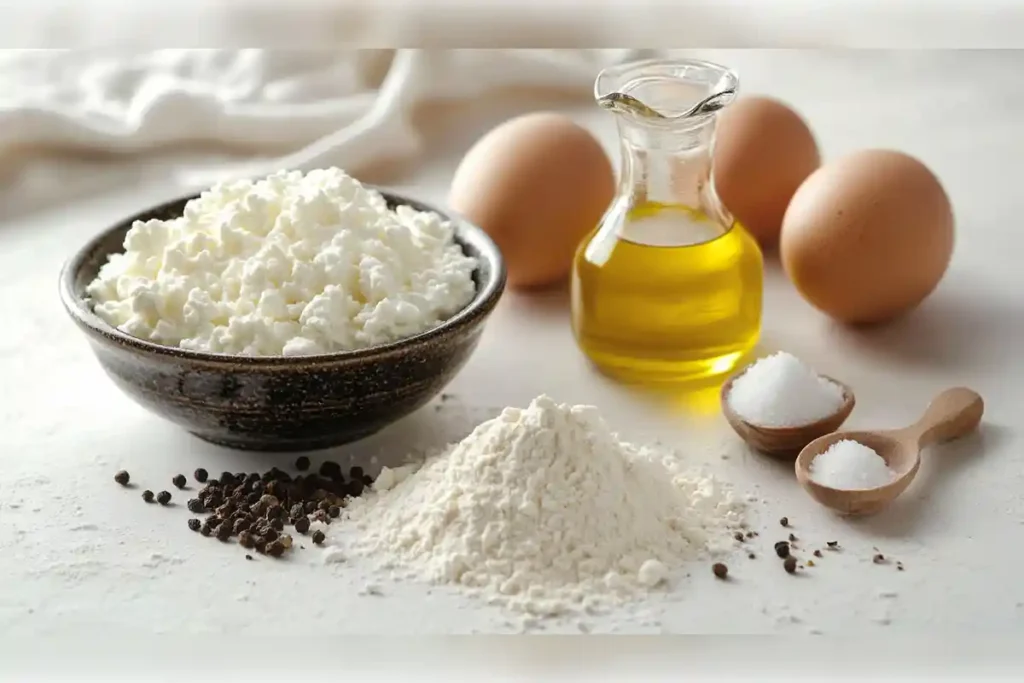 Ingredients for cottage cheese bread recipe including a bowl of cottage cheese, flour, olive oil, eggs, and seasonings, arranged on a white surface.